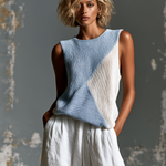 ElevenOra Chic Casual Blue-White Colorblock Round-Neck Sleeveless Loose-Fit Knit Vest Top