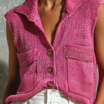 ElevenOra Chic Casual Hot Pink Lapel Collar Single-Breasted Patch Pockets Sleeveless Loose-Fit Knit Vest Top