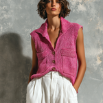 ElevenOra Chic Casual Hot Pink Lapel Collar Single-Breasted Patch Pockets Sleeveless Loose-Fit Knit Vest Top