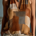 ElevenOra Chic Casual Camel Geometric Colorblock Print V-Neck Sleeveless Loose-Fit Cotton Fabric Vest Top