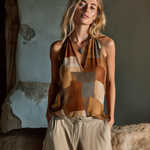 ElevenOra Chic Casual Camel Geometric Colorblock Print V-Neck Sleeveless Loose-Fit Cotton Fabric Vest Top