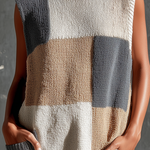 ElevenOra Chic Elegant White-Camel-Gray Colorblock Round-Neck Patch Pockets Sleeveless Loose-Fit Knit Mini Dress