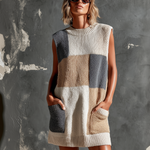 ElevenOra Chic Elegant White-Camel-Gray Colorblock Round-Neck Patch Pockets Sleeveless Loose-Fit Knit Mini Dress