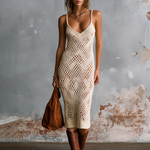 ElevenOra Chic Elegant Off-White Spaghetti Strap V-Neck Diamond Hollow-Out Detail Sleeveless Slim-Fit Knit Midi Dress