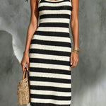 ElevenOra Chic Elegant Black-White Colorblock Stripes Spaghetti Straps Sleeveless Slim-Fit Knit Midi Dress