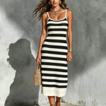 ElevenOra Chic Elegant Black-White Colorblock Stripes Spaghetti Straps Sleeveless Slim-Fit Knit Midi Dress