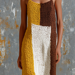 ElevenOra Chic Elegant White-Mustard Yellow-Brown Colorblock Spaghetti Strap Sleeveless Loose-Fit Knit Maxi Dress