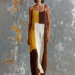 ElevenOra Chic Elegant White-Mustard Yellow-Brown Colorblock Spaghetti Strap Sleeveless Loose-Fit Knit Maxi Dress