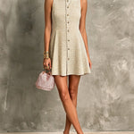 ElevenOra Chic Elegant Beige-Camel Pinstripes Square-Neck Sleeveless Single-Breasted Slim-Fit Knit Mini Dress