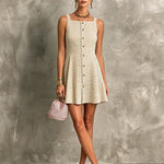 ElevenOra Chic Elegant Beige-Camel Pinstripes Square-Neck Sleeveless Single-Breasted Slim-Fit Knit Mini Dress