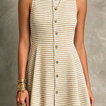 ElevenOra Chic Elegant Beige-Camel Pinstripes Square-Neck Sleeveless Single-Breasted Slim-Fit Knit Mini Dress