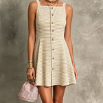 ElevenOra Chic Elegant Beige-Camel Pinstripes Square-Neck Sleeveless Single-Breasted Slim-Fit Knit Mini Dress