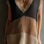 ElevenOra Chic Elegant Black-Camel-Beige Colorblock V-Neck Sleeveless Loose-Fit Knit Mini Dress