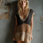ElevenOra Chic Elegant Black-Camel-Beige Colorblock V-Neck Sleeveless Loose-Fit Knit Mini Dress