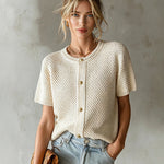 ElevenOra Chic Elegant Beige Round-Neck Short-Sleeve Single-Breasted Loose-Fit Knit Cardigan Top