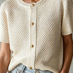 ElevenOra Chic Elegant Beige Round-Neck Short-Sleeve Single-Breasted Loose-Fit Knit Cardigan Top