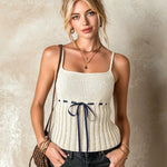 ElevenOra Chic Elegant Beige Spaghetti Straps Square-Neck Drawstring Waist Ribbed Detail Slim-Fit Knit Camisole