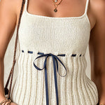 ElevenOra Chic Elegant Beige Spaghetti Straps Square-Neck Drawstring Waist Ribbed Detail Slim-Fit Knit Camisole