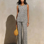 ElevenOra Chic Elegant Gray Melange Round-Neck Loose-Fit Vest Elastic-Waist Wide-Leg Pants Ribbed Knit Two-Piece Set