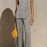ElevenOra Chic Elegant Gray Melange Round-Neck Loose-Fit Vest Elastic-Waist Wide-Leg Pants Ribbed Knit Two-Piece Set