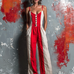 ElevenOra Chic Elegant Off White-Red Colorblock Cotton Linen Blend Spaghetti Straps V-Neck Button-Front Sleeveless Tailored-Waist Loose-Fit Wide-Leg Jumpsuit