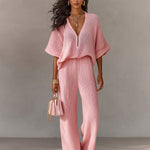 ElevenOra Chic Elegant Pink Zipper-Up V-Neck Short-Flare-Sleeve Loose-Fit Top Elastic-Waist Wide-Leg Pants Knit Two-Piece Set