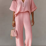 ElevenOra Chic Elegant Pink Zipper-Up V-Neck Short-Flare-Sleeve Loose-Fit Top Elastic-Waist Wide-Leg Pants Knit Two-Piece Set