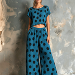 ElevenOra Chic Elegant Teal Blue Polka Dot Jacquard Round-Neck Short-Sleeve Sweater Top Loose-Fit Wide-Leg Pants Knit Two-Piece Set