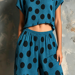 ElevenOra Chic Elegant Teal Blue Polka Dot Jacquard Round-Neck Short-Sleeve Sweater Top Loose-Fit Wide-Leg Pants Knit Two-Piece Set