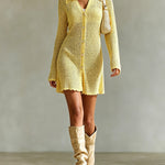ElevenOra Chic Elegant Yellow Lapel-Collar Long-Sleeve Single-Breasted Trim Detail Loose-Fit A-Line Mesh Knit Mini Dress