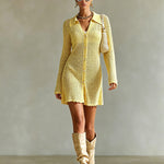 ElevenOra Chic Elegant Yellow Lapel-Collar Long-Sleeve Single-Breasted Trim Detail Loose-Fit A-Line Mesh Knit Mini Dress