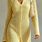 ElevenOra Chic Elegant Yellow Lapel-Collar Long-Sleeve Single-Breasted Trim Detail Loose-Fit A-Line Mesh Knit Mini Dress