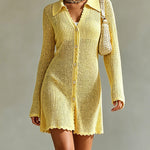 ElevenOra Chic Elegant Yellow Lapel-Collar Long-Sleeve Single-Breasted Trim Detail Loose-Fit A-Line Mesh Knit Mini Dress
