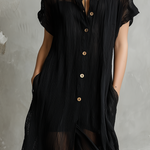 ElevenOra Chic Elegant Black Lapel Collar Single-Breasted Short-Sleeve Loose-Fit Asymmetrical Hem Crinkle Sheer Woven Fabric Midi Dress