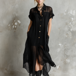 ElevenOra Chic Elegant Black Lapel Collar Single-Breasted Short-Sleeve Loose-Fit Asymmetrical Hem Crinkle Sheer Woven Fabric Midi Dress