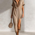ElevenOra Chic Elegant Camel-Brown Colorblock Lapel V-Neck Short-Sleeve Slit Detail Loose-Fit Ribbed Knit Midi Dress