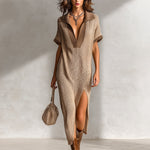 ElevenOra Chic Elegant Camel-Brown Colorblock Lapel V-Neck Short-Sleeve Slit Detail Loose-Fit Ribbed Knit Midi Dress