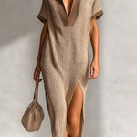 ElevenOra Chic Elegant Camel-Brown Colorblock Lapel V-Neck Short-Sleeve Slit Detail Loose-Fit Ribbed Knit Midi Dress