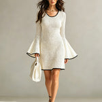 ElevenOra Chic Elegant Beige Round-Neck Long-Flare-Sleeve Black Trim Detail A-Line Mesh Knit Mini Dress