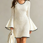 ElevenOra Chic Elegant Beige Round-Neck Long-Flare-Sleeve Black Trim Detail A-Line Mesh Knit Mini Dress