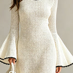 ElevenOra Chic Elegant Beige Round-Neck Long-Flare-Sleeve Black Trim Detail A-Line Mesh Knit Mini Dress