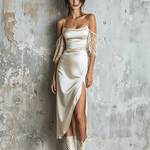 ElevenOra Chic Elegant Off White Spaghetti Strap Square Neck Lace Cold Shoulder Sleeve Slim-Fit Side Slit Satin Midi Dress