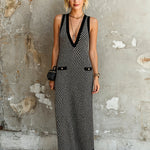 ElevenOra Chic Elegant Black-White Stripes Colorblock Deep V-Neck Sleeveless Pocket Detail A-Line Knit Maxi Dress