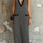 ElevenOra Chic Elegant Black-White Stripes Colorblock Deep V-Neck Sleeveless Pocket Detail A-Line Knit Maxi Dress