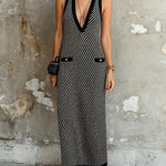 ElevenOra Chic Elegant Black-White Stripes Colorblock Deep V-Neck Sleeveless Pocket Detail A-Line Knit Maxi Dress