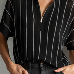 ElevenOra Chic Casual Black-White Stripes  Stand Collar Zipper-Front Short-Sleeve Loose-Fit Mesh Knit Sweater Top
