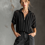 ElevenOra Chic Casual Black-White Stripes  Stand Collar Zipper-Front Short-Sleeve Loose-Fit Mesh Knit Sweater Top