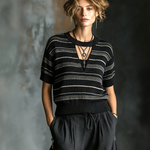 ElevenOra Chic Casual Black-White Stripes Round-Neck Keyhole Cutout Short-Sleeve Loose-Fit Knit Sweater Top