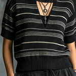 ElevenOra Chic Casual Black-White Stripes Round-Neck Keyhole Cutout Short-Sleeve Loose-Fit Knit Sweater Top