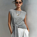 ElevenOra Chic Elegant Gray Round-Neck Sleeveless Rib Detail Tie-Waist Loose-Fit Knit Vest Top